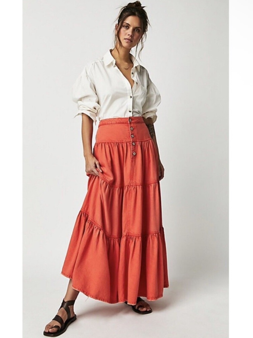 We The Free Dreamweaver Tiered Denim Maxi Skirt Orange Womens Size XS